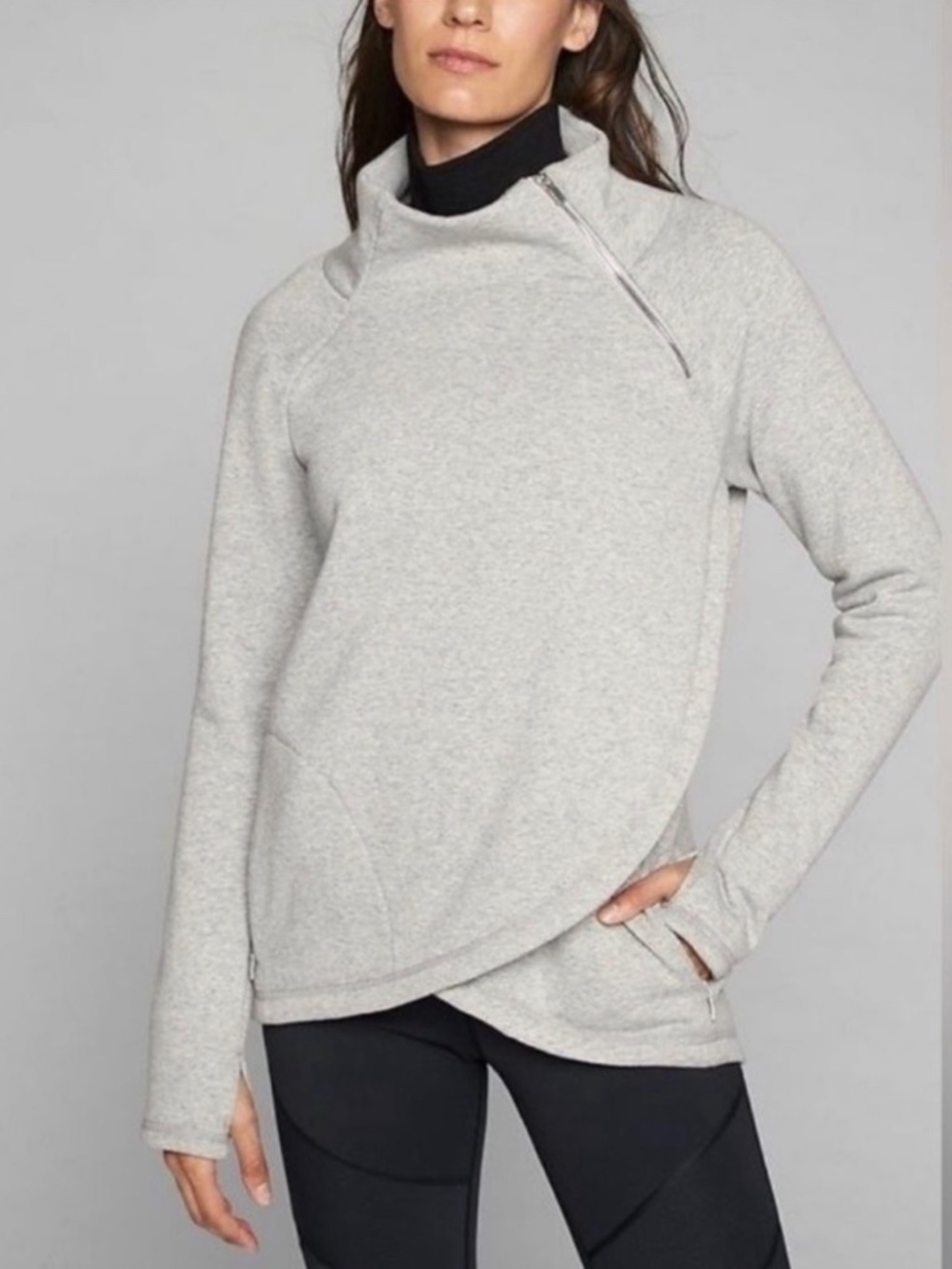 Athleta Cozy Karma Asymmetrical Pullover Fog Grey Heather Small Tall